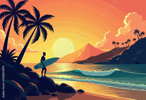 Surfer Watching Sunset on Tropical Beach