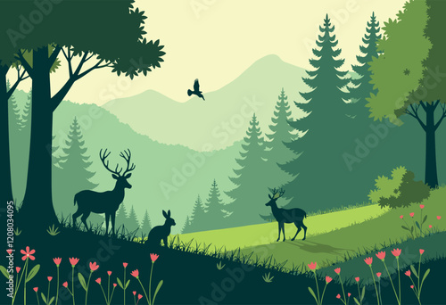 Peaceful Forest Scene with Deer and Wildlife