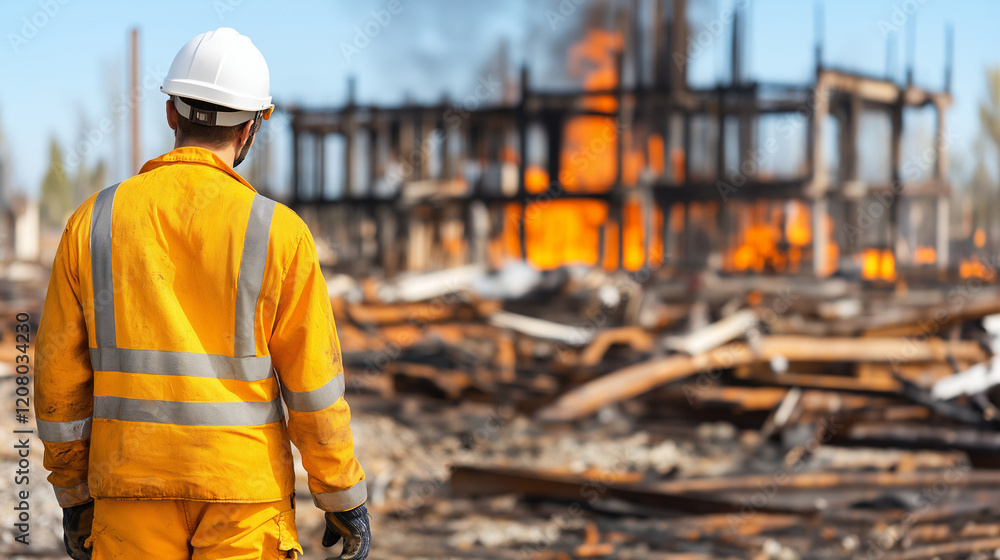 Aftermath of the Fire: A firefighter in bright yellow protective gear stands solemnly before a house consumed by fire, surveying the devastating damage and loss. Aftermath of the Fire: A firefighter in bright yellow protective gear stands solemnly before a house consumed by fire, surveying the devastating damage and loss.