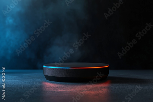 A bold flat pedestal crafted from matte black rubber, with neon lines embedded along the edges, glowing in electric blue and pink.