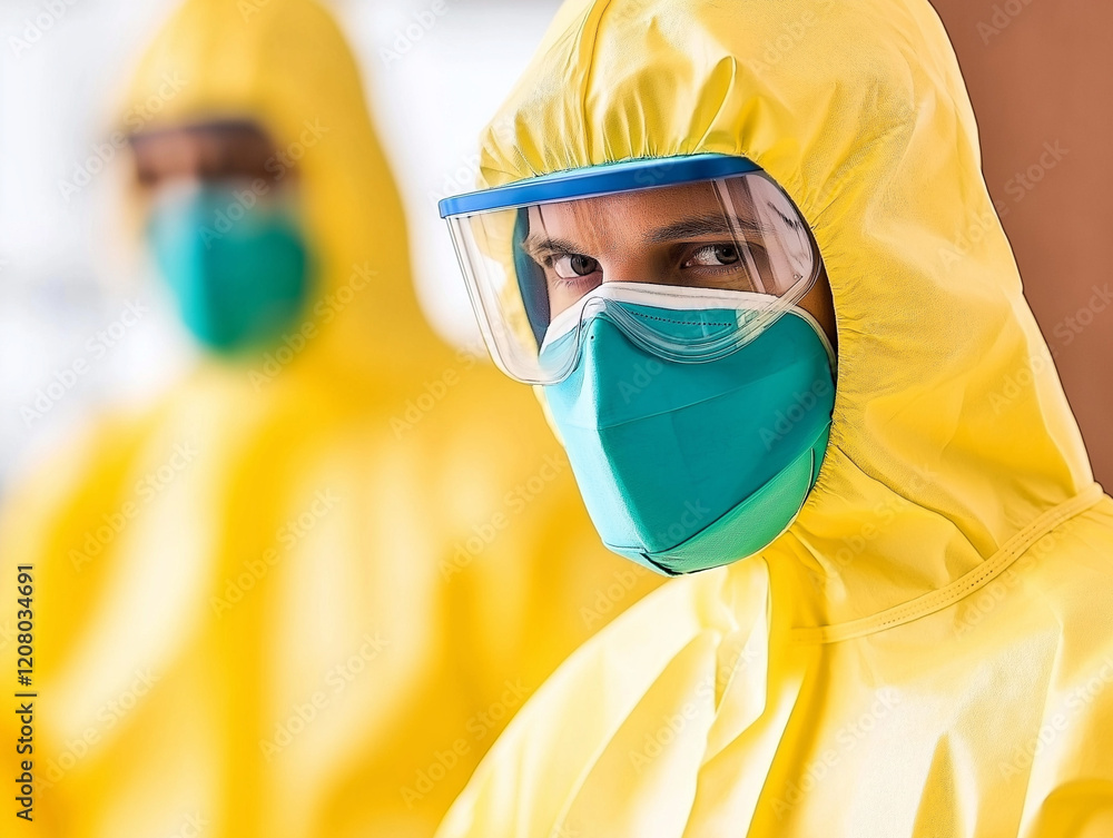 Focused Medical Professional: A close-up shot of a healthcare worker, clad in protective hazmat suit, mask, and goggles, gazes intently at the camera. A colleague is visible in the soft background. Focused Medical Professional: A close-up shot of a healthcare worker, clad in protective hazmat suit, mask, and goggles, gazes intently at the camera. A colleague is visible in the soft background.