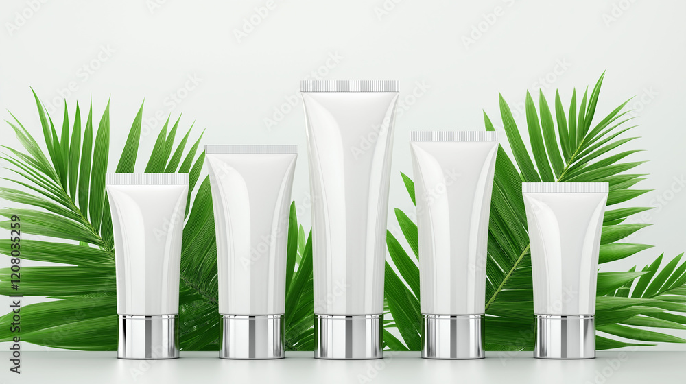 Clean & Natural Skincare Products: Five sleek, white squeeze tubes with silver caps and an elegant silver base, nestled amidst lush green palm leaves, evoke a sense of purity, freshness. Clean & Natural Skincare Products: Five sleek, white squeeze tubes with silver caps and an elegant silver base, nestled amidst lush green palm leaves, evoke a sense of purity, freshness.
