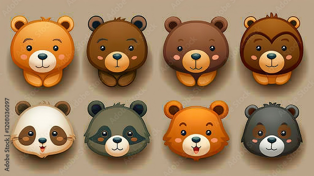 A colorful collection of cute animal faces, including bears and a panda, designed for playful use. A colorful collection of cute animal faces, including bears and a panda, designed for playful use.