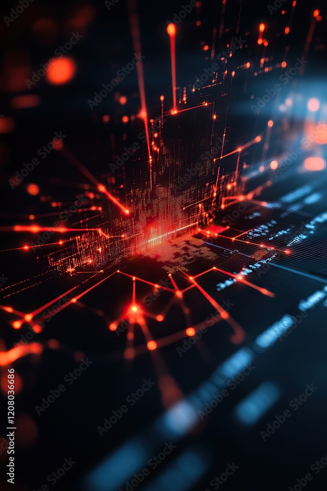 Obraz premium Abstract digital visualization with glowing red lines and nodes on a dark background.
