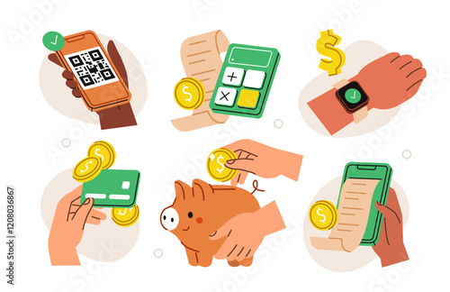 Payment set. Hands holding smartphone, credit card, bill and other financial elements. Wireless payment, cashback, money transfer, savings concept. Vector illustration.