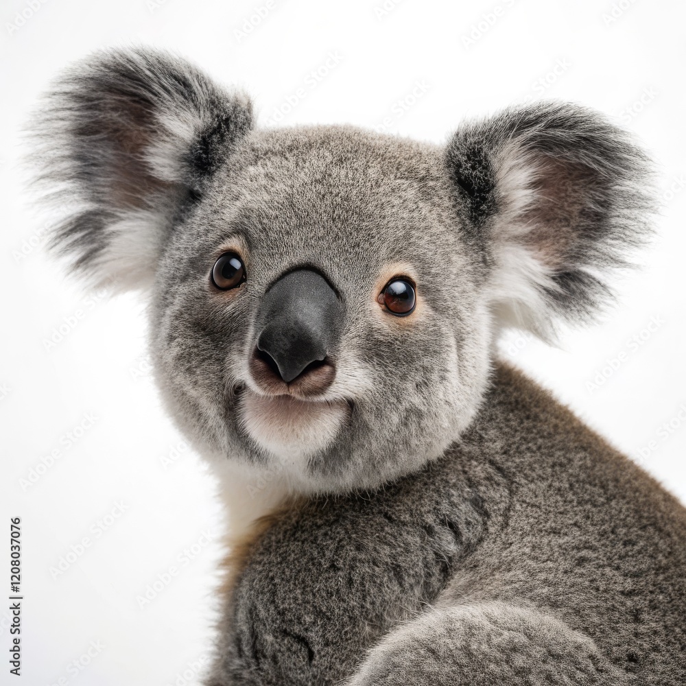 Naklejka premium Close-up Koala Portrait Soft Fur, Curious Gaze, White Background, Wildlife Photography, Australian Fauna Koala, Wildlife