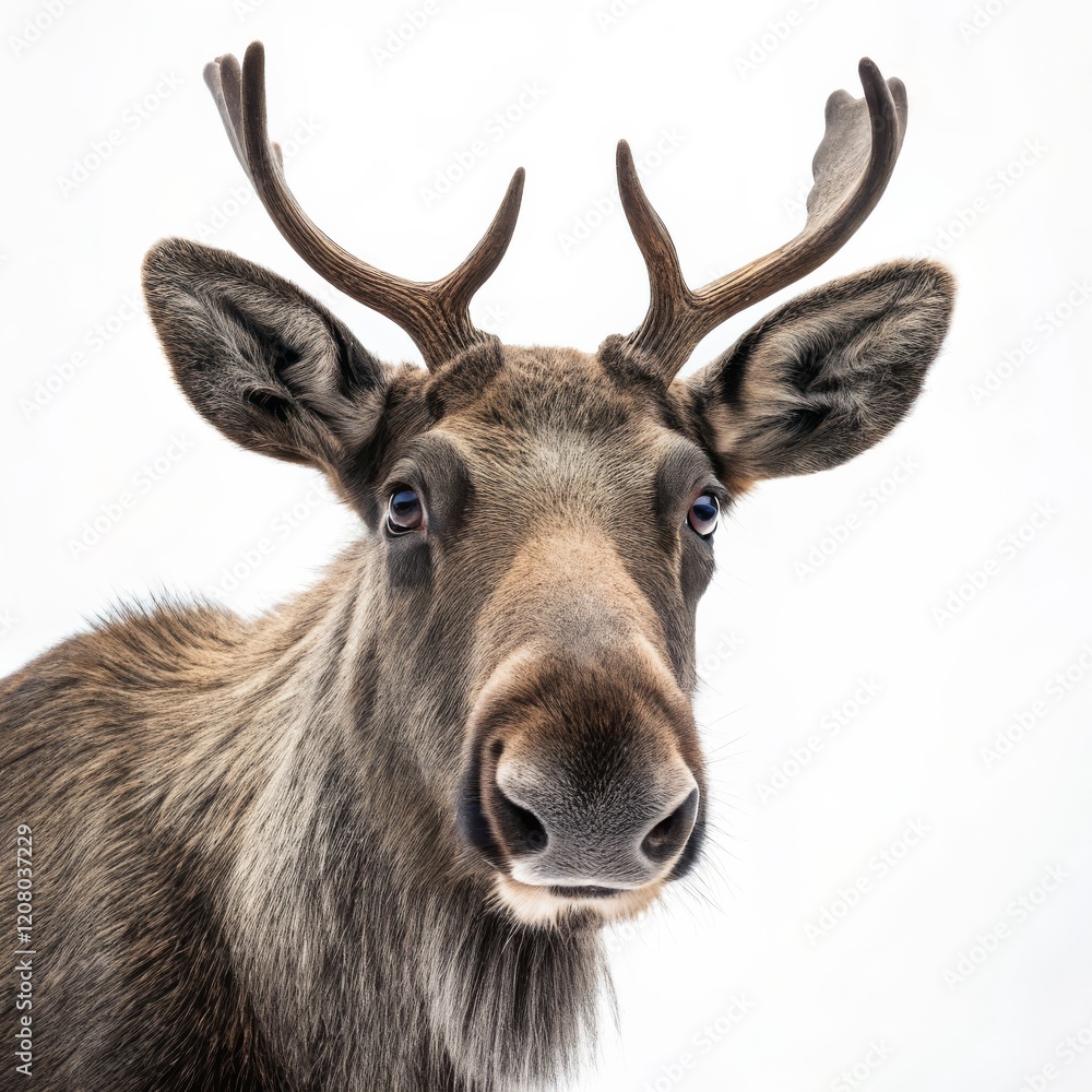 Close-up Portrait of a Caribou Antlers, Fur, Wildlife, White Background, Animal Photography Caribou, Reindeer Close-up Portrait of a Caribou Antlers, Fur, Wildlife, White Background, Animal Photography Caribou, Reindeer