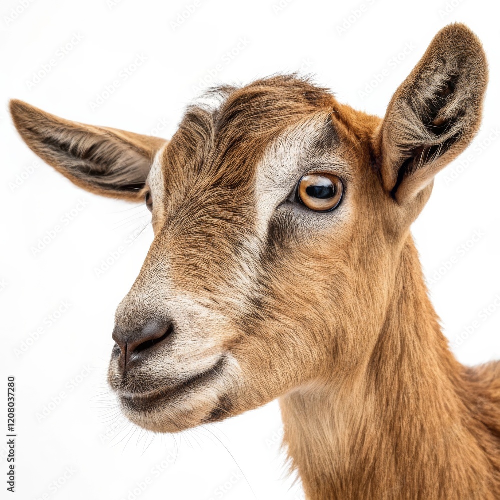 Close-up Portrait of Brown Goat Kid, White Background, Animal Photography, Soft Fur Goat, Kid Close-up Portrait of Brown Goat Kid, White Background, Animal Photography, Soft Fur Goat, Kid