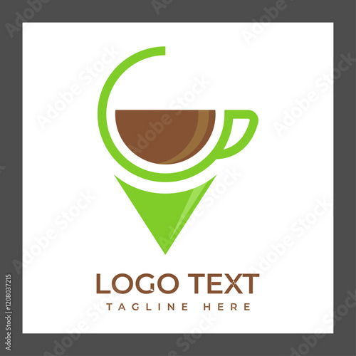 A logo featuring a stylized coffee cup in brown, with a green outline