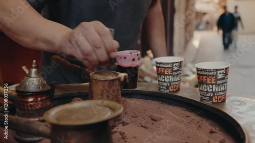 A man prepares traditional Moroccan coffee in a bustling market. He stirs the coffee in a brass pot nestled in hot sand, surrounded by ornate copper pots.The rich aroma fills the air, Moroccan culture