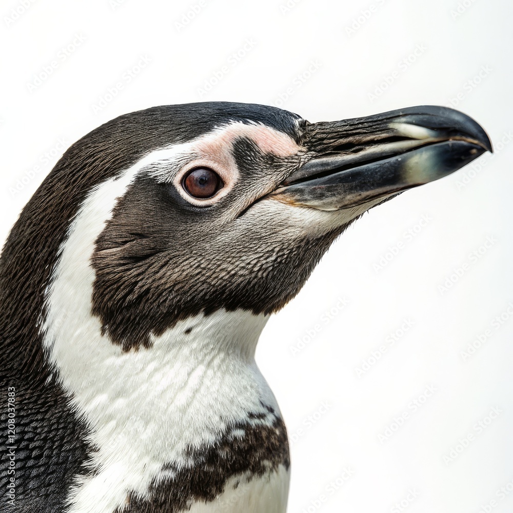Fototapeta premium Humboldt Penguin Portrait Close-up Composition, White Background, Wildlife Concept, Penguin Photography, Animal Portrait Penguin, Wildlife Photography