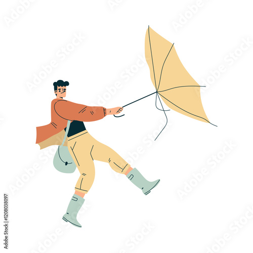 Storm with Man Character Struggle with Umbrella in Hurricane Vector Illustration