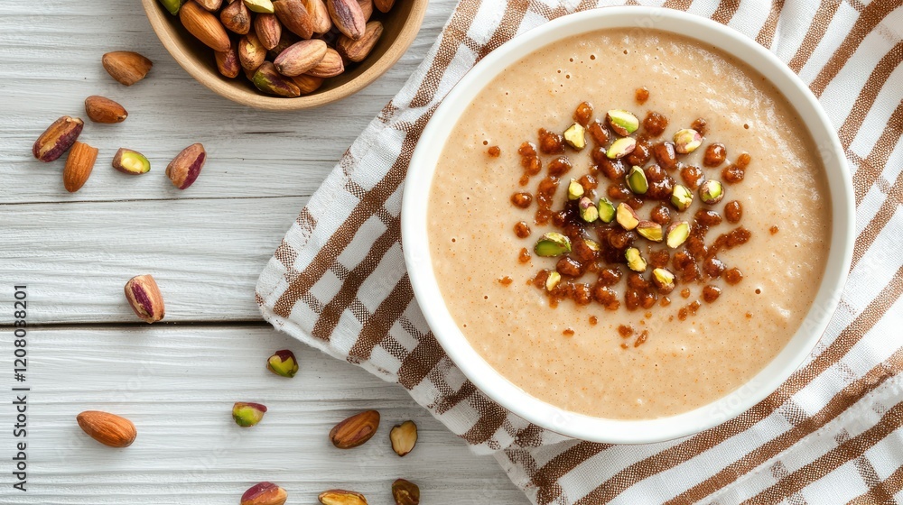 Delicious dessert made with nuts and served in a bowl on a striped cloth with additional nuts on the side Delicious dessert made with nuts and served in a bowl on a striped cloth with additional nuts on the side