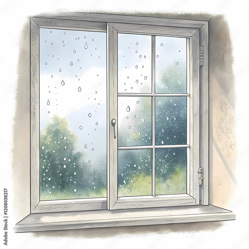 Obraz premium Raindrops cascade down a cozy window overlooking a tranquil garden on a rainy afternoon