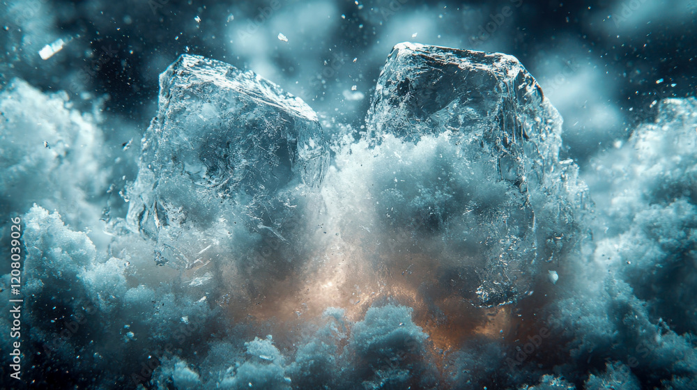 Fototapeta premium A close-up of ice cubes shattering into a cloud of frost and mist, captured in dramatic detail