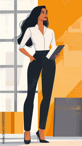 Flat vector illustration of business woman. Office worker. Entrepreneur. Director. Beautiful female.