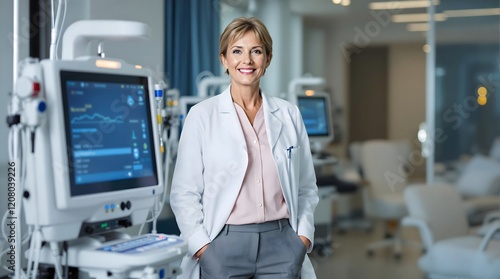 Confident Oncologist Standing Next to Chemotherapy Infusion Pump in Modern Clinic (Healthcare) photo