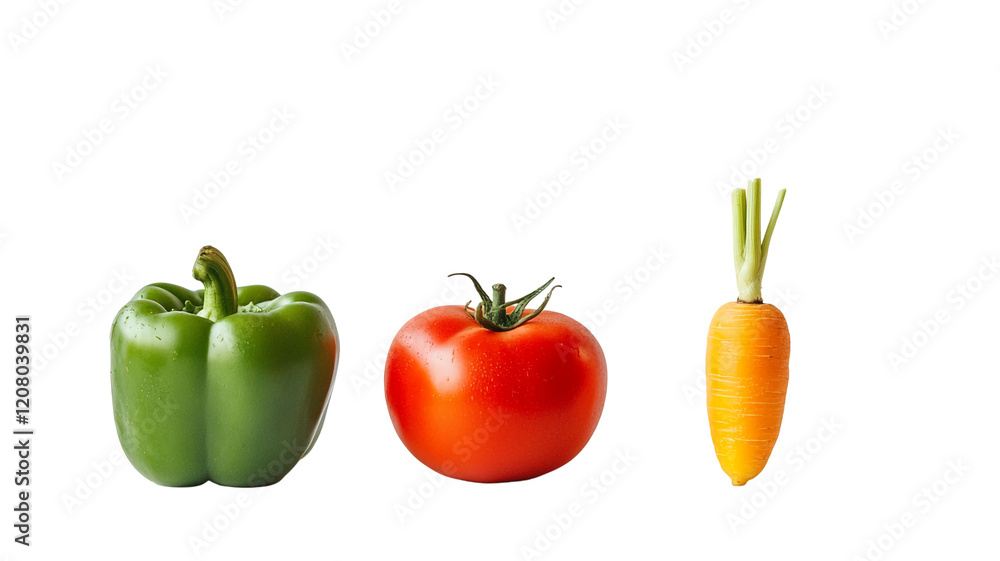 Fresh green bell pepper, red tomato, and orange carrot isolated on a transparent background Fresh green bell pepper, red tomato, and orange carrot isolated on a transparent background