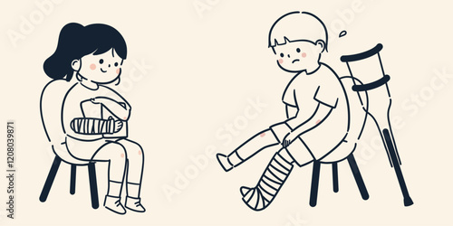 骨折してギプスを装着している子どもたちのシンプルでかわいいイラスト