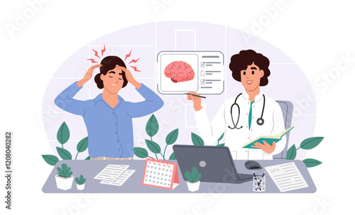 Patient with symptoms of epilepsy at a neurologist. Neurologist showing brain scan to patient. International Epilepsy Day. Vector illustration in flat style