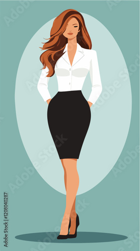 Flat vector illustration of business woman. Office worker. Entrepreneur. Director. Beautiful female.