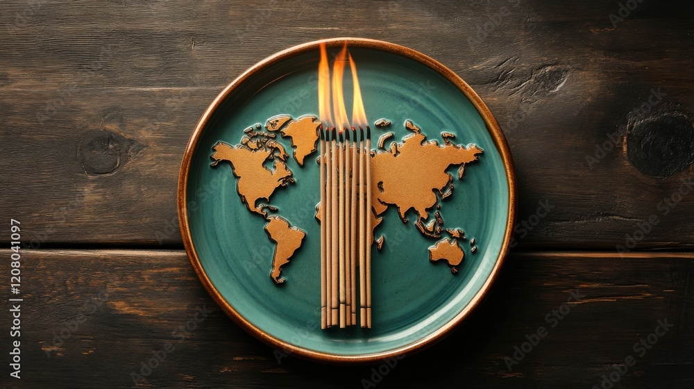 Incense sticks create a mesmerizing world map on a ceramic plate for tranquility and reflection Incense sticks create a mesmerizing world map on a ceramic plate for tranquility and reflection
