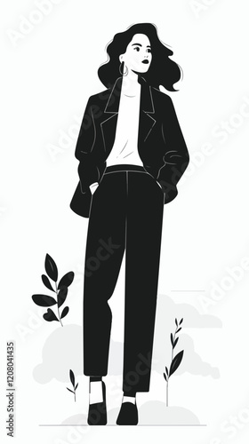 Black and white flat vector illustration of business woman. Office worker. Entrepreneur. Director. Beautiful woman.