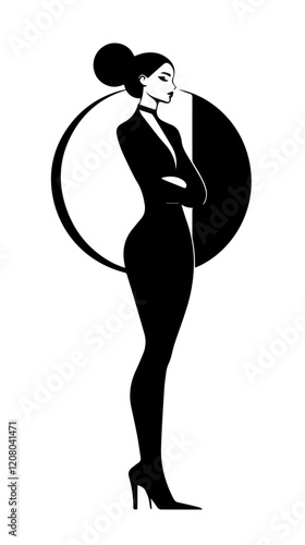 Black and white flat vector illustration of business woman. Office worker. Entrepreneur. Director. Beautiful woman.