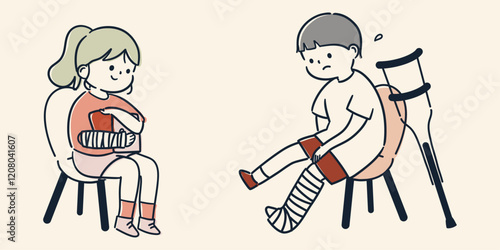 骨折してギプスを装着している子どもたちのシンプルでかわいいイラスト