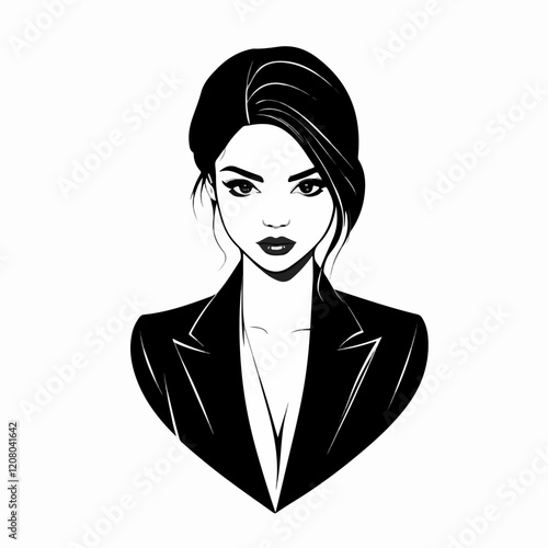 Black and white flat vector illustration of business woman. Office worker. Entrepreneur. Director. Beautiful woman.