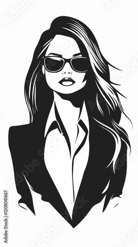 Black and white flat vector illustration of business woman. Office worker. Entrepreneur. Director. Beautiful woman.