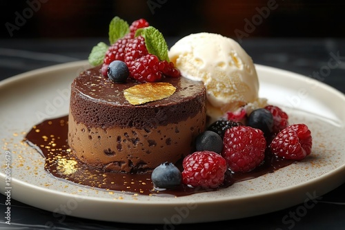 artfully composed chocolate souffle with gold leaf garnish fresh berries and vanilla bean ice cream on marble surface dramatic side lighting photo