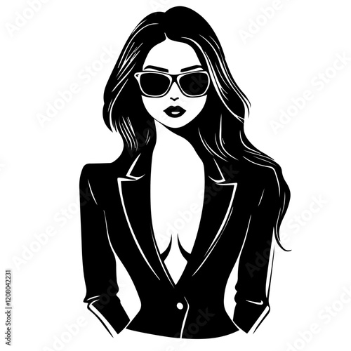 Black and white flat vector illustration of business woman. Office worker. Entrepreneur. Director. Beautiful woman.