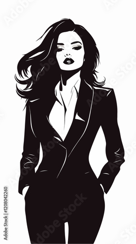Black and white flat vector illustration of business woman. Office worker. Entrepreneur. Director. Beautiful woman.