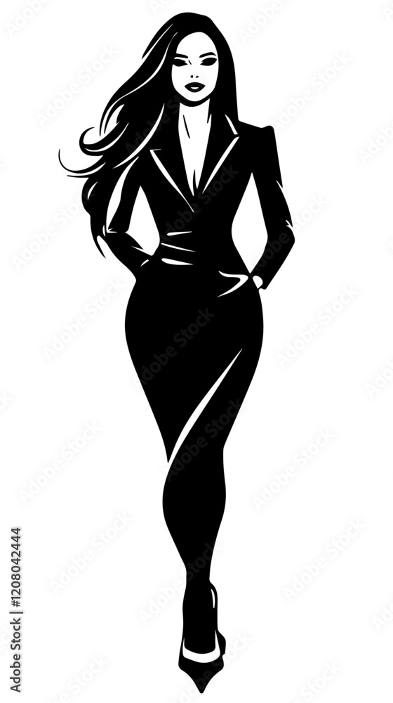Fototapeta premium Black and white flat vector illustration of business woman. Office worker. Entrepreneur. Director. Beautiful woman.