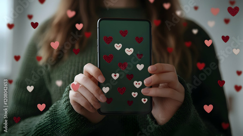Wallpaper Mural A close-up of a woman using a contemporary smartphone to send and receive messages on social media platforms featuring emoticon icons. technology concept Torontodigital.ca