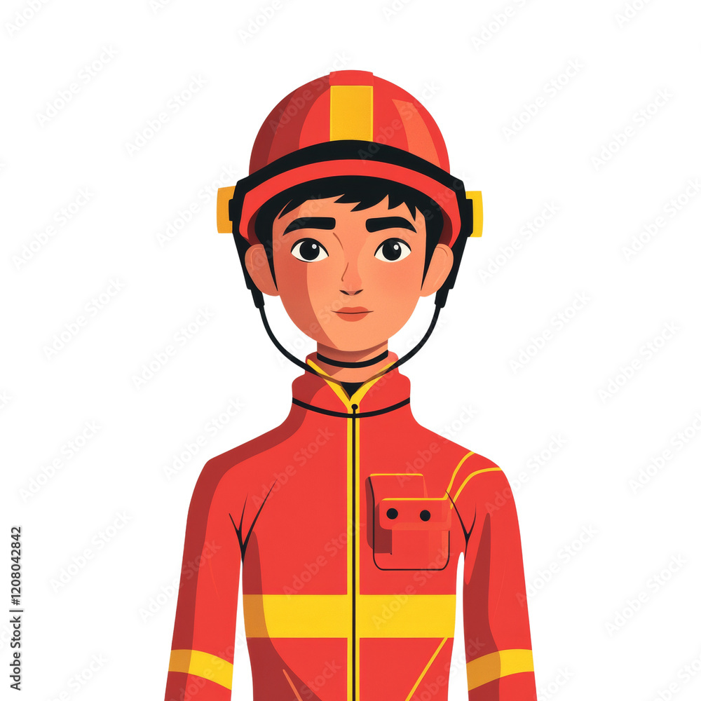 Fototapeta premium Young Firefighter Portrait Wearing Red Uniform and Helmet