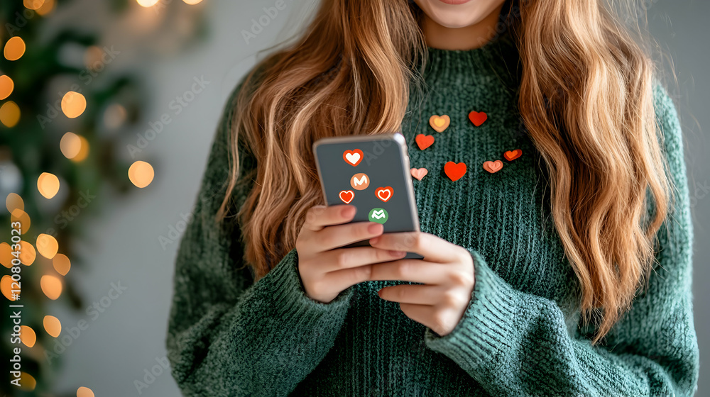 A close-up of a woman using a contemporary smartphone to send and receive messages on social media platforms featuring emoticon icons. technology concept A close-up of a woman using a contemporary smartphone to send and receive messages on social media platforms featuring emoticon icons. technology concept