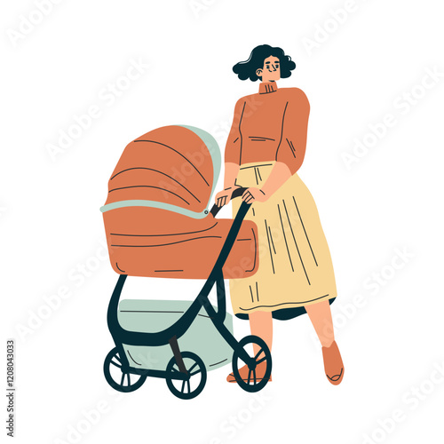 Young Woman Character Walk with Baby Carriage in the Park Vector Illustration