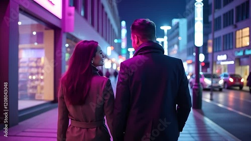 Couple walking hand-in-hand down a city street at night with neon lights