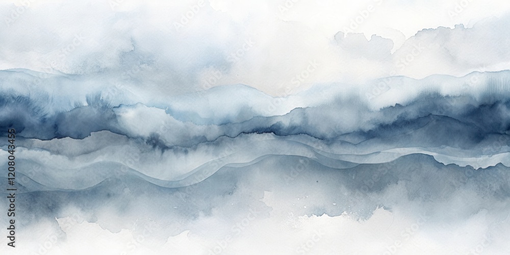Serene Blue Hues An Abstract Watercolor Landscape of Rolling Hills and Misty Skies