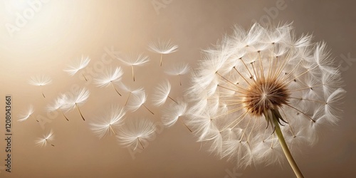 A single dandelion seed head with many seeds dispersing on a neutral background © Collection