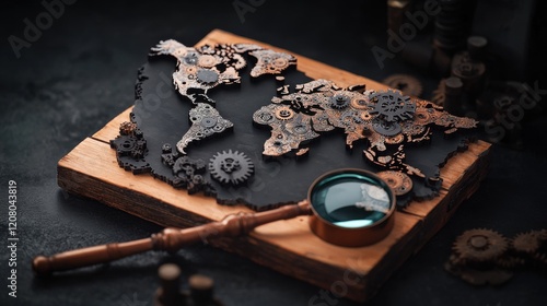 Imaginary travels in a steampunk world map crafted from gears and cogs with vintage charm photo