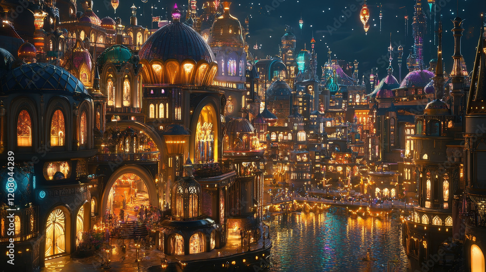 Eine futuristische Stadt mit extravaganten, farbenfrohen Gebäuden, leuchtenden Dekorationen und übergroßen Ornamenten. Die Szene ist hell erleuchtet und hat eine lebendige, futuristische Atmosphäre