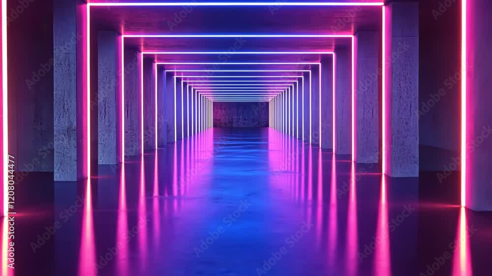 Bright neon lights create a futuristic tunnel effect in an empty underground space at night Bright neon lights create a futuristic tunnel effect in an empty underground space at night