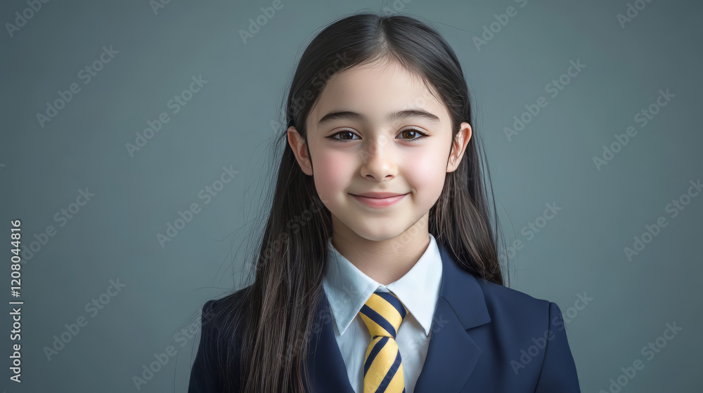 young girl wearing a navy blue school blazer with a neatly tied yellow and blue striped tie, young girl wearing a navy blue school blazer with a neatly tied yellow and blue striped tie,