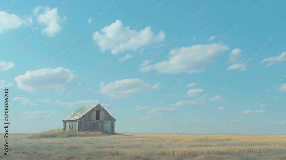 A lone, weathered barn in a vast field with golden haystacks, under a bright blue sky. 35mm, f22, cinematic, wide angle lens A lone, weathered barn in a vast field with golden haystacks, under a bright blue sky. 35mm, f22, cinematic, wide angle lens