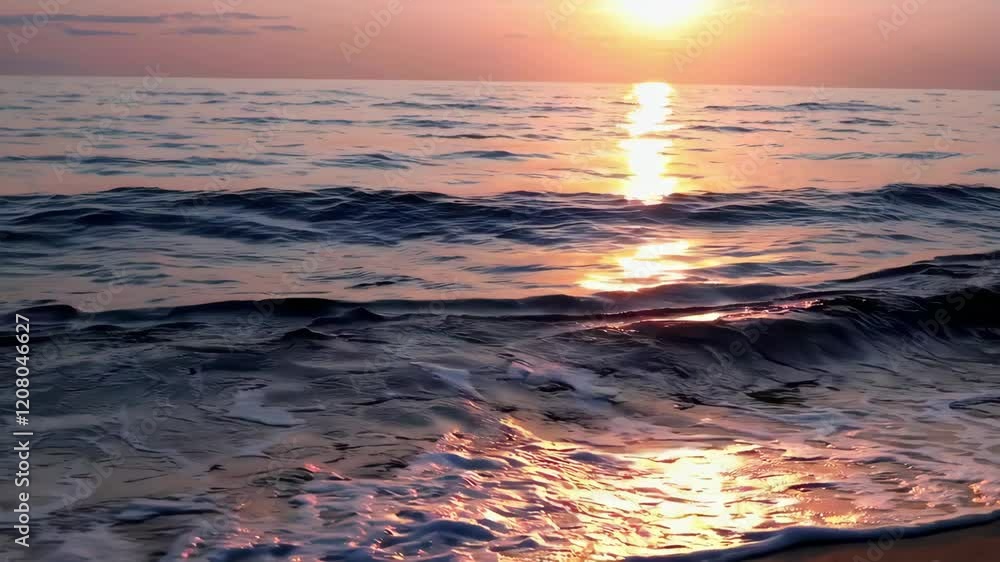 Sunset over calm ocean with gentle waves, tranquil landscape. Nature relaxation and travel inspiration concept Sunset over calm ocean with gentle waves, tranquil landscape. Nature relaxation and travel inspiration concept