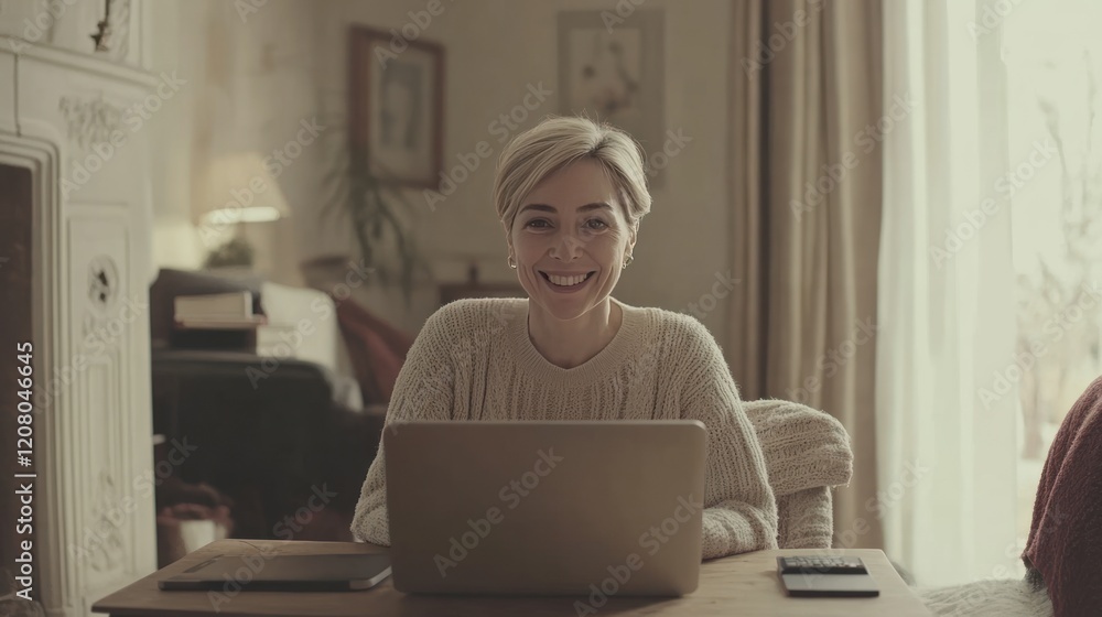 Smiling Woman Working on Laptop at Home Office Smiling Woman Working on Laptop at Home Office
