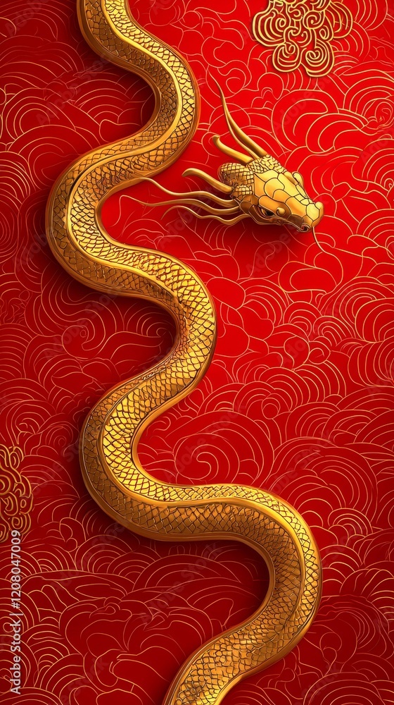 Obraz premium Golden dragon on red background